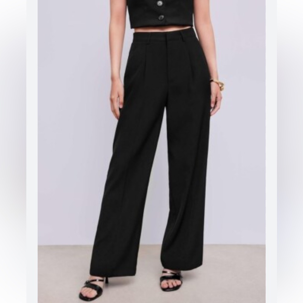 NWT Cider Elegant High Waisted Black Wide‎ Leg Trousers with pockets Pleated